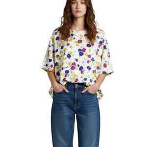 Vintage white satin damask floral print boxy short sleeve blouse